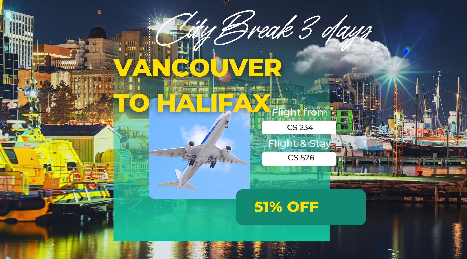 City Break from Vancouver to Halifax 3 nights at 51% off flight & stay