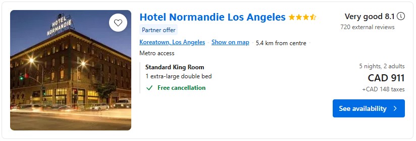 hotel room in Los Angeles city break last minute from Toronto