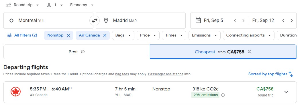 last minute direct flight Montreal to Madrid diy vacation