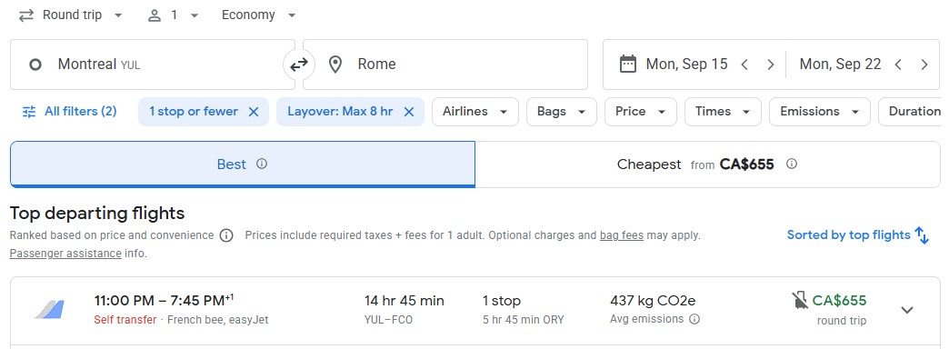 Last minute flight Montreal to Rome diy adventure vacation