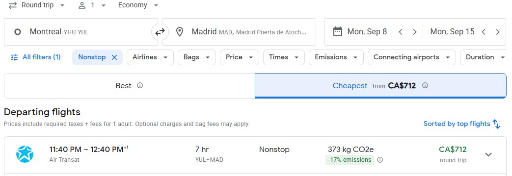 amazing last minute direct flight from Montreal to Madrid