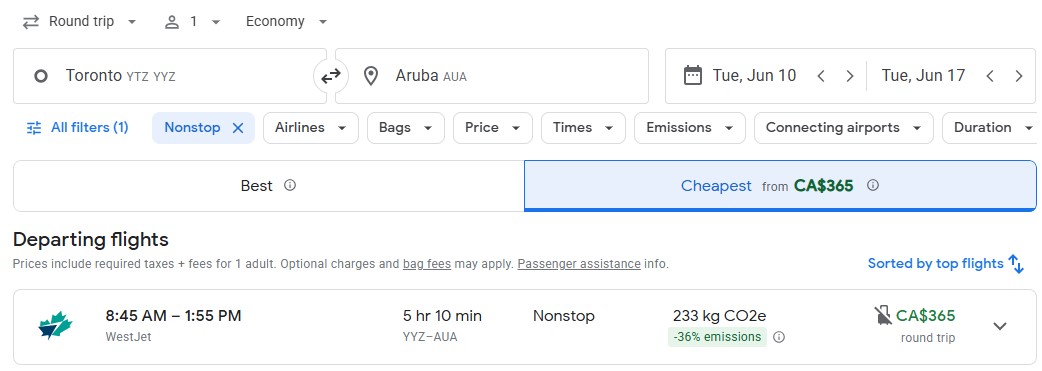 last minute direct flight Toronto to Aruba DIY vacation deal
