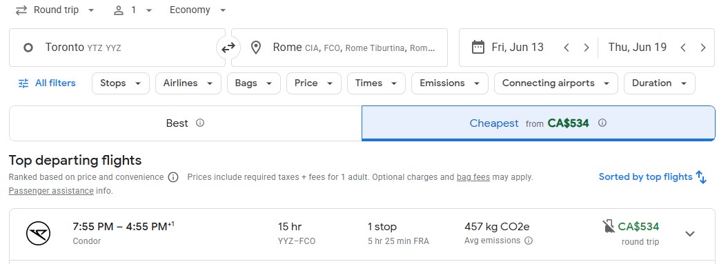 flight Toronto to Rome last minute vacation adventure DIY