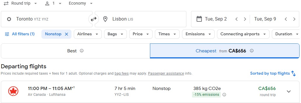 Last minute direct flight from Toronto to Lisbon Portugal Europe