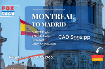 last minute European vacation from Montreal to Madrid hotel direct flight breakfast adventure
